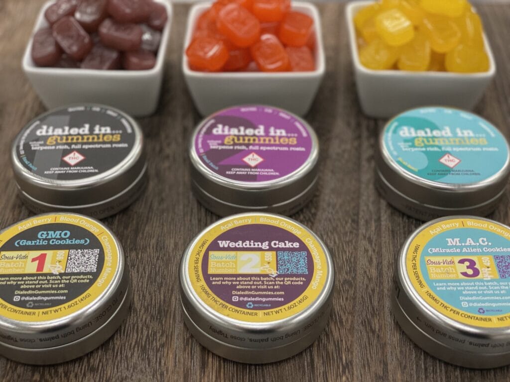 dialed in gummies tins and gummies